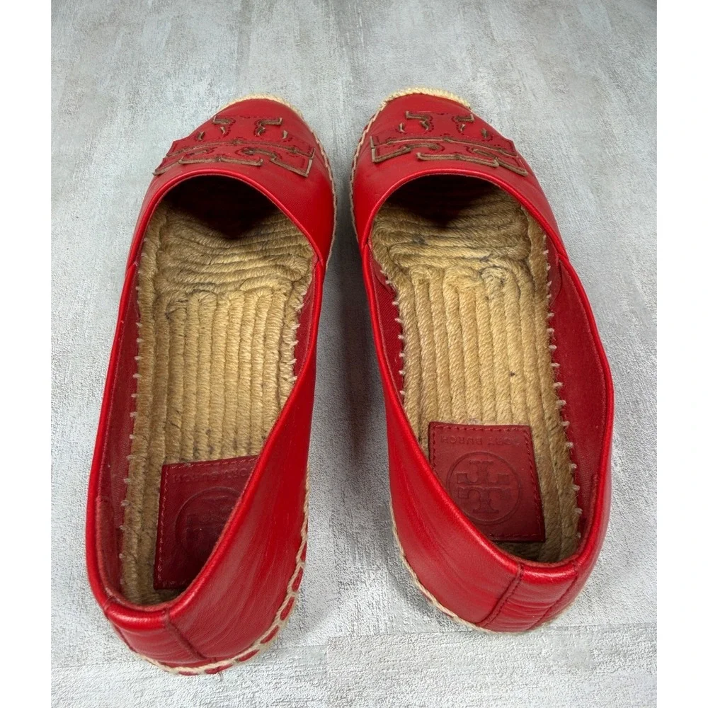 Tory Burch Ines Red Leather Espadrille Flats Double T Logo 52035 Womens 6.5M